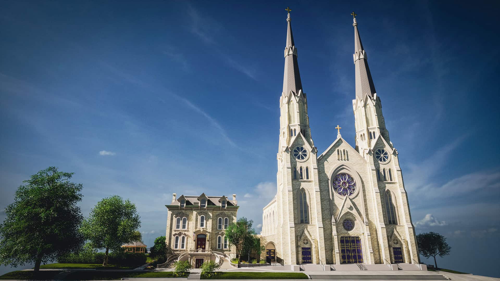 TWG CAD drafting and BIM modeling — photorealistic Twinmotion rendering for the Cathedral of St. Mary in Central Illinois.